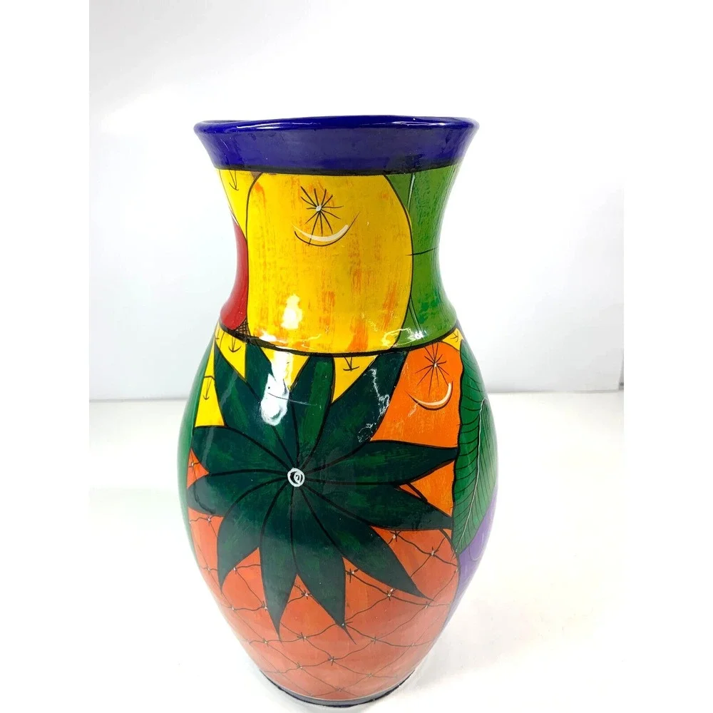 Hand Painted Mexican Pottery Vase  Folk Art Fruit Design Multi - Tropical Color‎
